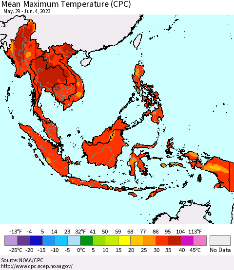 South East Asia Mean Maximum Temperature (CPC) Thematic Map For 5/29/2023 - 6/4/2023