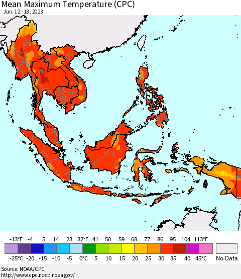 South East Asia Mean Maximum Temperature (CPC) Thematic Map For 6/12/2023 - 6/18/2023