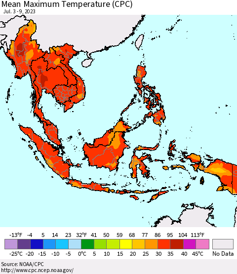 South East Asia Mean Maximum Temperature (CPC) Thematic Map For 7/3/2023 - 7/9/2023
