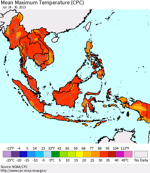 South East Asia Mean Maximum Temperature (CPC) Thematic Map For 7/24/2023 - 7/30/2023
