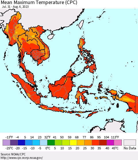 South East Asia Mean Maximum Temperature (CPC) Thematic Map For 7/31/2023 - 8/6/2023