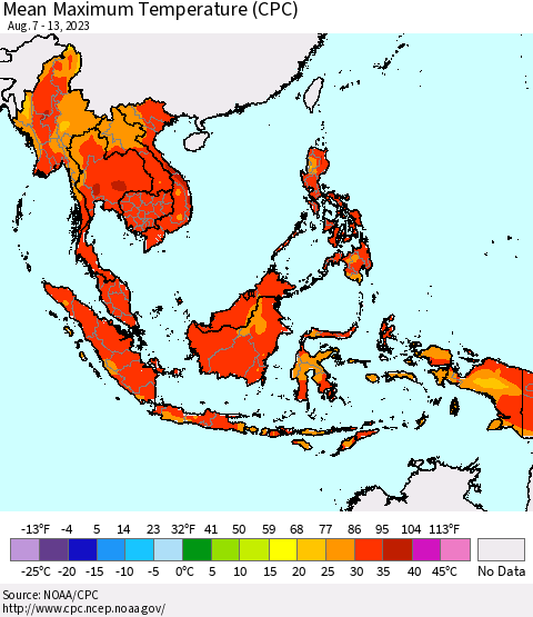 South East Asia Mean Maximum Temperature (CPC) Thematic Map For 8/7/2023 - 8/13/2023