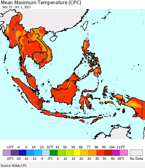 South East Asia Mean Maximum Temperature (CPC) Thematic Map For 9/25/2023 - 10/1/2023