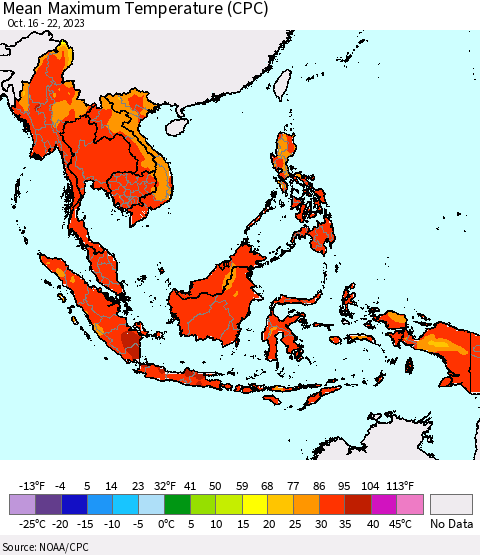 South East Asia Mean Maximum Temperature (CPC) Thematic Map For 10/16/2023 - 10/22/2023
