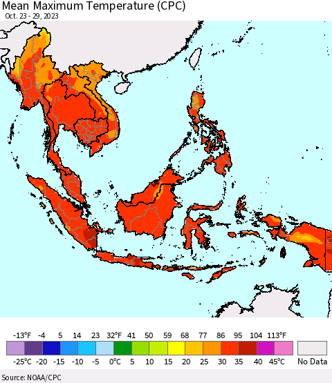 South East Asia Mean Maximum Temperature (CPC) Thematic Map For 10/23/2023 - 10/29/2023