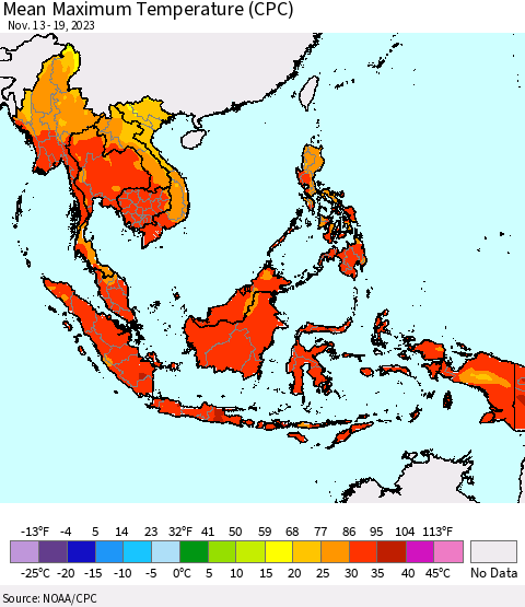 South East Asia Mean Maximum Temperature (CPC) Thematic Map For 11/13/2023 - 11/19/2023