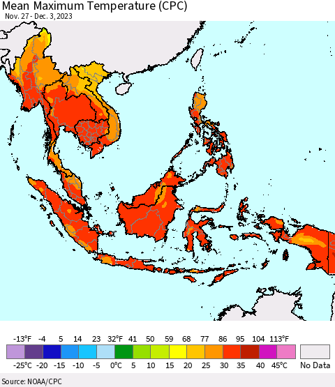South East Asia Mean Maximum Temperature (CPC) Thematic Map For 11/27/2023 - 12/3/2023