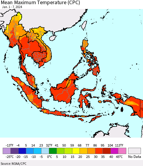 South East Asia Mean Maximum Temperature (CPC) Thematic Map For 1/1/2024 - 1/7/2024
