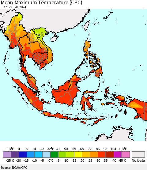 South East Asia Mean Maximum Temperature (CPC) Thematic Map For 1/22/2024 - 1/28/2024