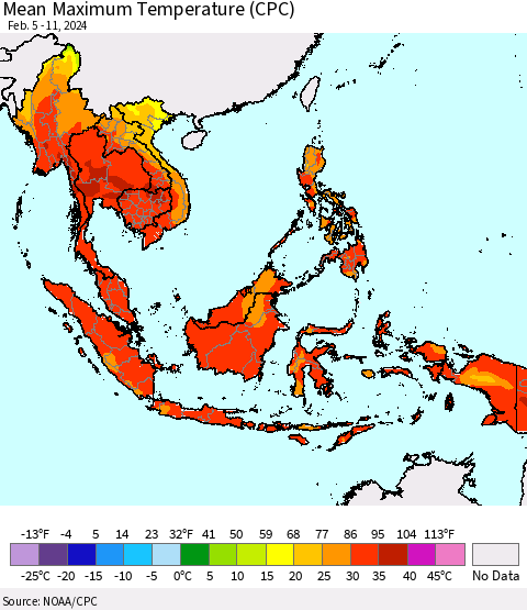 South East Asia Mean Maximum Temperature (CPC) Thematic Map For 2/5/2024 - 2/11/2024