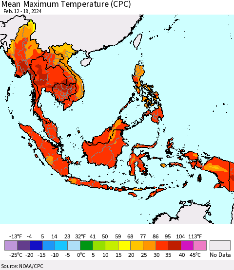 South East Asia Mean Maximum Temperature (CPC) Thematic Map For 2/12/2024 - 2/18/2024