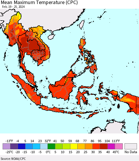 South East Asia Mean Maximum Temperature (CPC) Thematic Map For 2/19/2024 - 2/25/2024