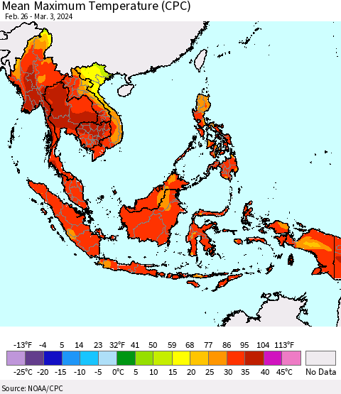South East Asia Mean Maximum Temperature (CPC) Thematic Map For 2/26/2024 - 3/3/2024