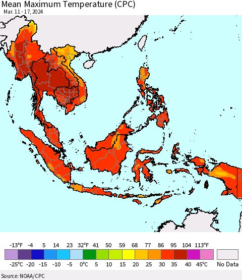 South East Asia Mean Maximum Temperature (CPC) Thematic Map For 3/11/2024 - 3/17/2024