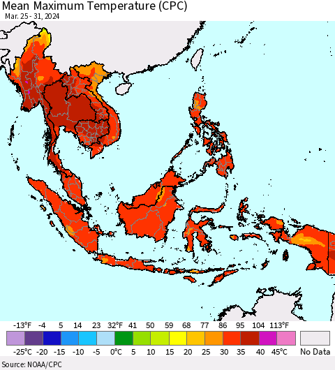 South East Asia Mean Maximum Temperature (CPC) Thematic Map For 3/25/2024 - 3/31/2024
