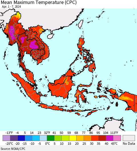 South East Asia Mean Maximum Temperature (CPC) Thematic Map For 4/1/2024 - 4/7/2024