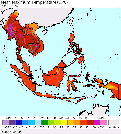 South East Asia Mean Maximum Temperature (CPC) Thematic Map For 4/8/2024 - 4/14/2024
