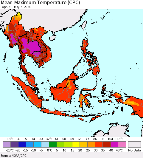 South East Asia Mean Maximum Temperature (CPC) Thematic Map For 4/29/2024 - 5/5/2024