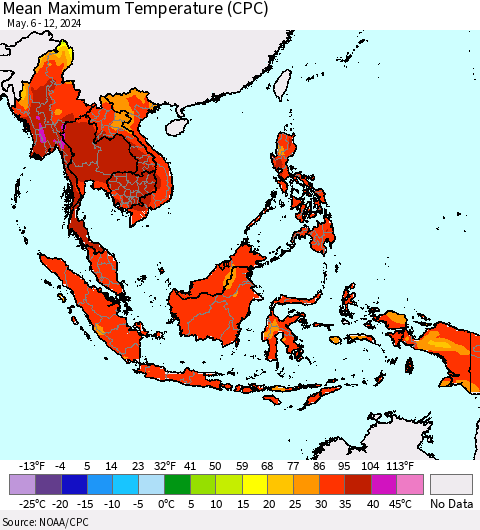 South East Asia Mean Maximum Temperature (CPC) Thematic Map For 5/6/2024 - 5/12/2024