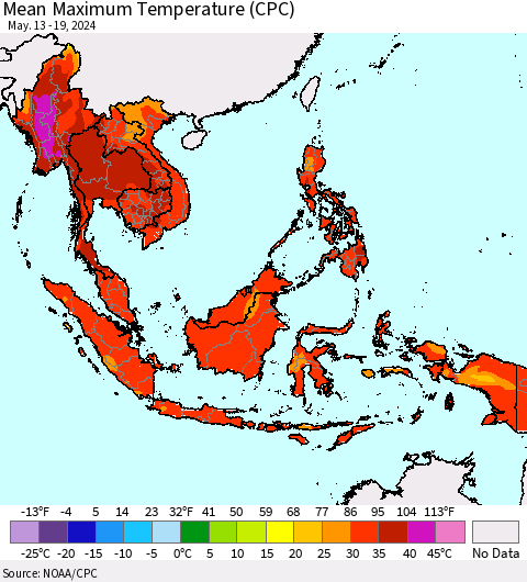 South East Asia Mean Maximum Temperature (CPC) Thematic Map For 5/13/2024 - 5/19/2024