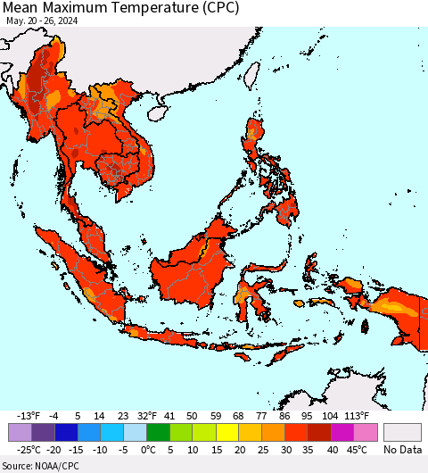 South East Asia Mean Maximum Temperature (CPC) Thematic Map For 5/20/2024 - 5/26/2024