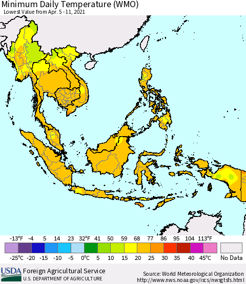 South East Asia Minimum Daily Temperature (WMO) Thematic Map For 4/5/2021 - 4/11/2021