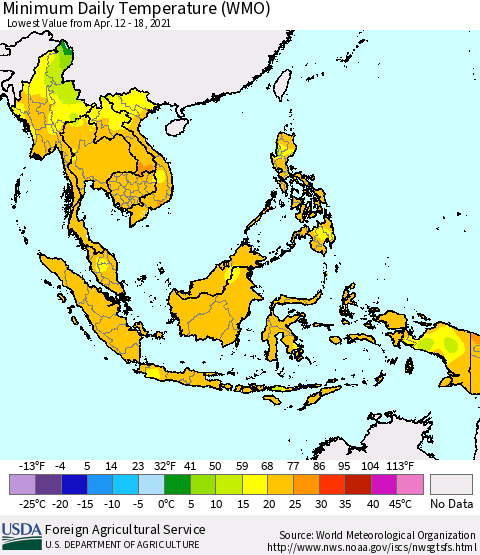 South East Asia Minimum Daily Temperature (WMO) Thematic Map For 4/12/2021 - 4/18/2021
