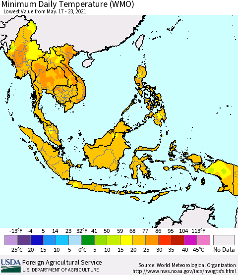South East Asia Minimum Daily Temperature (WMO) Thematic Map For 5/17/2021 - 5/23/2021