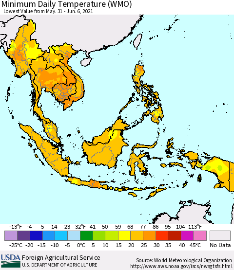 South East Asia Minimum Daily Temperature (WMO) Thematic Map For 5/31/2021 - 6/6/2021