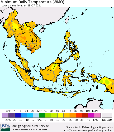 South East Asia Minimum Daily Temperature (WMO) Thematic Map For 6/21/2021 - 6/27/2021