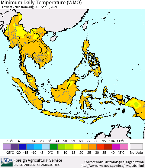 South East Asia Minimum Daily Temperature (WMO) Thematic Map For 8/30/2021 - 9/5/2021