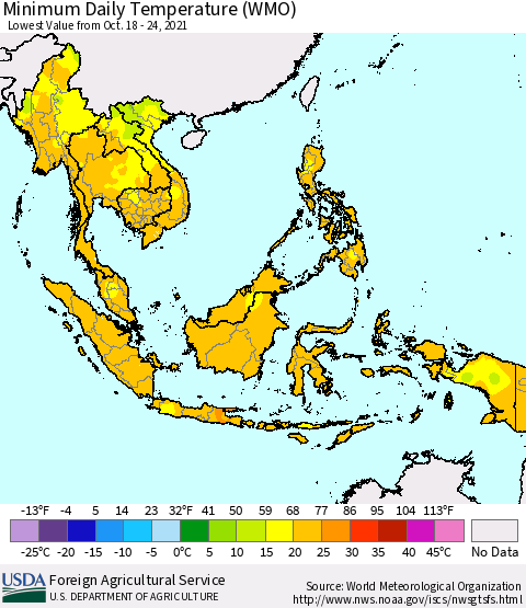 South East Asia Minimum Daily Temperature (WMO) Thematic Map For 10/18/2021 - 10/24/2021