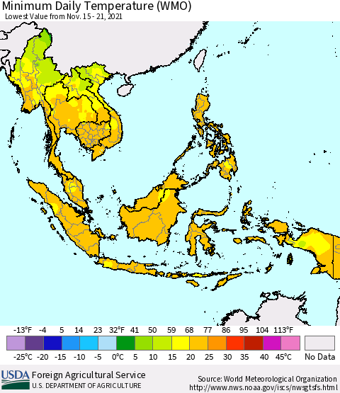 South East Asia Minimum Daily Temperature (WMO) Thematic Map For 11/15/2021 - 11/21/2021