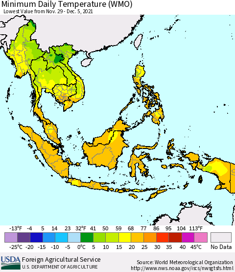 South East Asia Minimum Daily Temperature (WMO) Thematic Map For 11/29/2021 - 12/5/2021