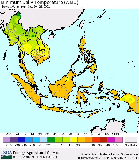 South East Asia Minimum Daily Temperature (WMO) Thematic Map For 12/20/2021 - 12/26/2021