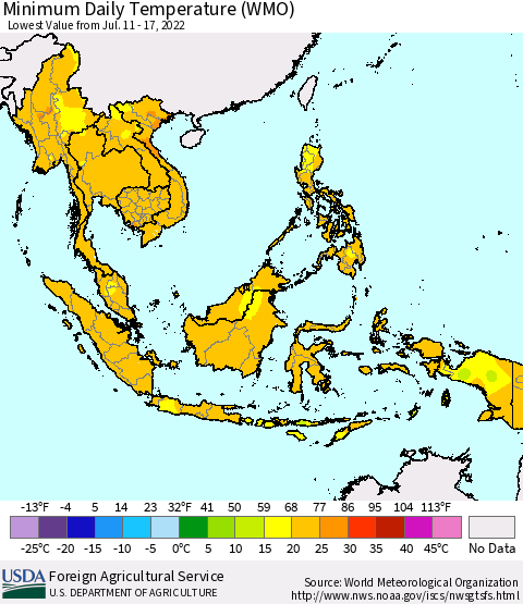 South East Asia Minimum Daily Temperature (WMO) Thematic Map For 7/11/2022 - 7/17/2022