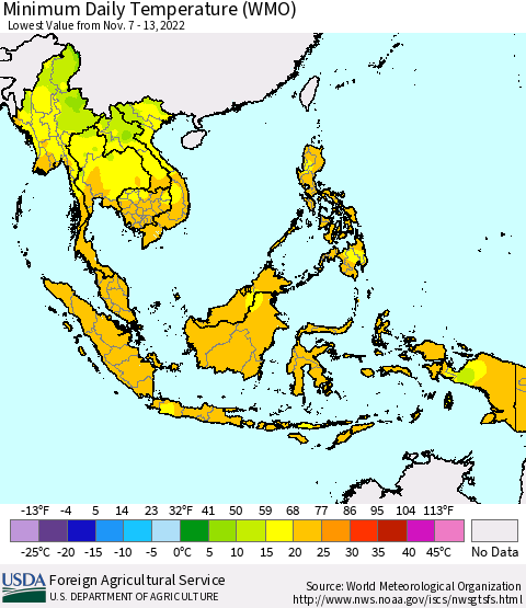 South East Asia Minimum Daily Temperature (WMO) Thematic Map For 11/7/2022 - 11/13/2022
