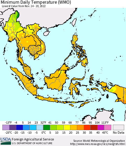 South East Asia Minimum Daily Temperature (WMO) Thematic Map For 11/14/2022 - 11/20/2022