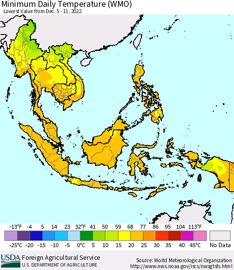 South East Asia Minimum Daily Temperature (WMO) Thematic Map For 12/5/2022 - 12/11/2022