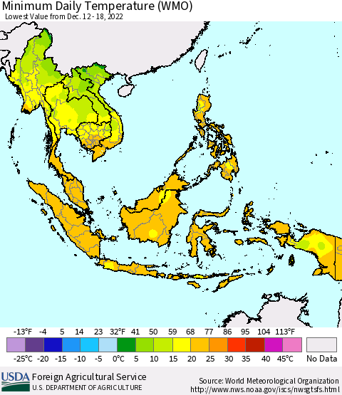 South East Asia Minimum Daily Temperature (WMO) Thematic Map For 12/12/2022 - 12/18/2022