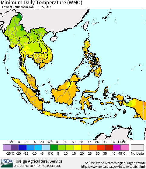 South East Asia Minimum Daily Temperature (WMO) Thematic Map For 1/16/2023 - 1/22/2023