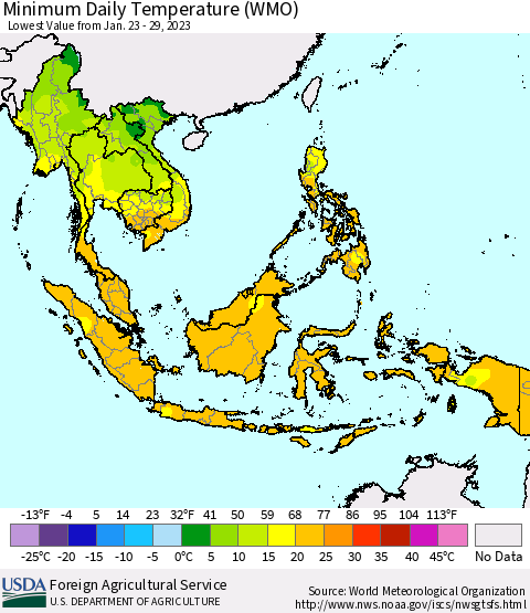 South East Asia Minimum Daily Temperature (WMO) Thematic Map For 1/23/2023 - 1/29/2023
