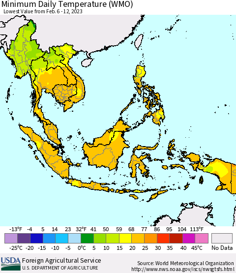 South East Asia Minimum Daily Temperature (WMO) Thematic Map For 2/6/2023 - 2/12/2023
