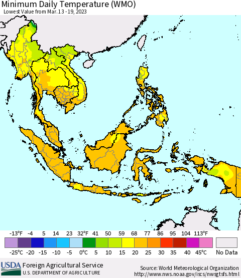 South East Asia Minimum Daily Temperature (WMO) Thematic Map For 3/13/2023 - 3/19/2023