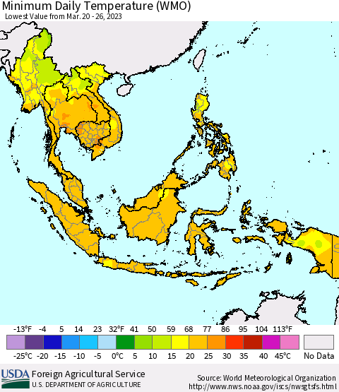South East Asia Minimum Daily Temperature (WMO) Thematic Map For 3/20/2023 - 3/26/2023