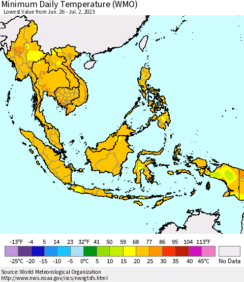 South East Asia Minimum Daily Temperature (WMO) Thematic Map For 6/26/2023 - 7/2/2023