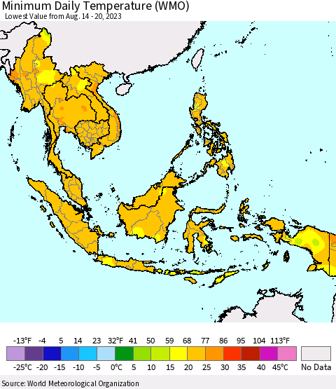 South East Asia Minimum Daily Temperature (WMO) Thematic Map For 8/14/2023 - 8/20/2023