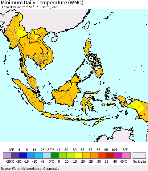 South East Asia Minimum Daily Temperature (WMO) Thematic Map For 9/25/2023 - 10/1/2023