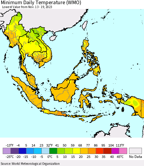 South East Asia Minimum Daily Temperature (WMO) Thematic Map For 11/13/2023 - 11/19/2023
