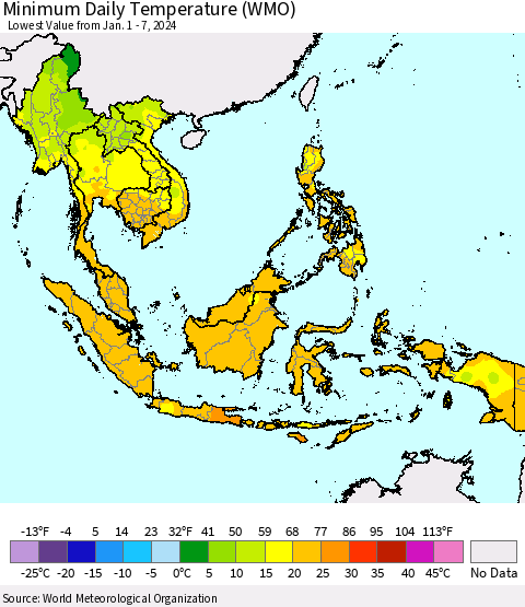 South East Asia Minimum Daily Temperature (WMO) Thematic Map For 1/1/2024 - 1/7/2024